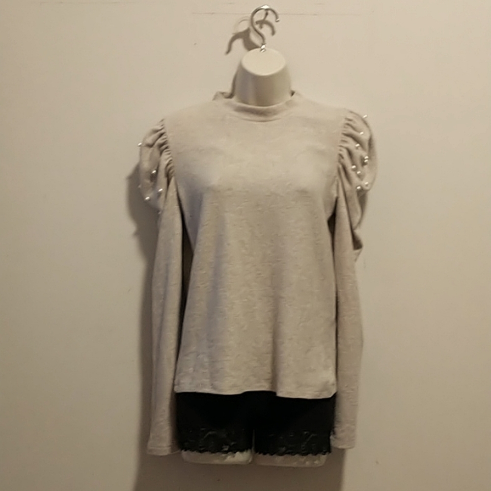 Large Beige & Pearls Zara Shirt with Leg of Mutton Sleeves